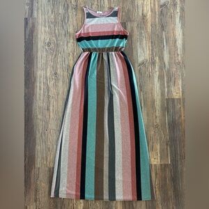 Egy California Sleeveless Maxi Dress Size XL Pink Teal Gray Multi Heather Stripe